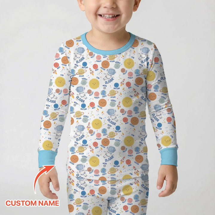 Custom Name Little's Kid into Universer Bamboo Two Piece Long Sleeve Pajama Set