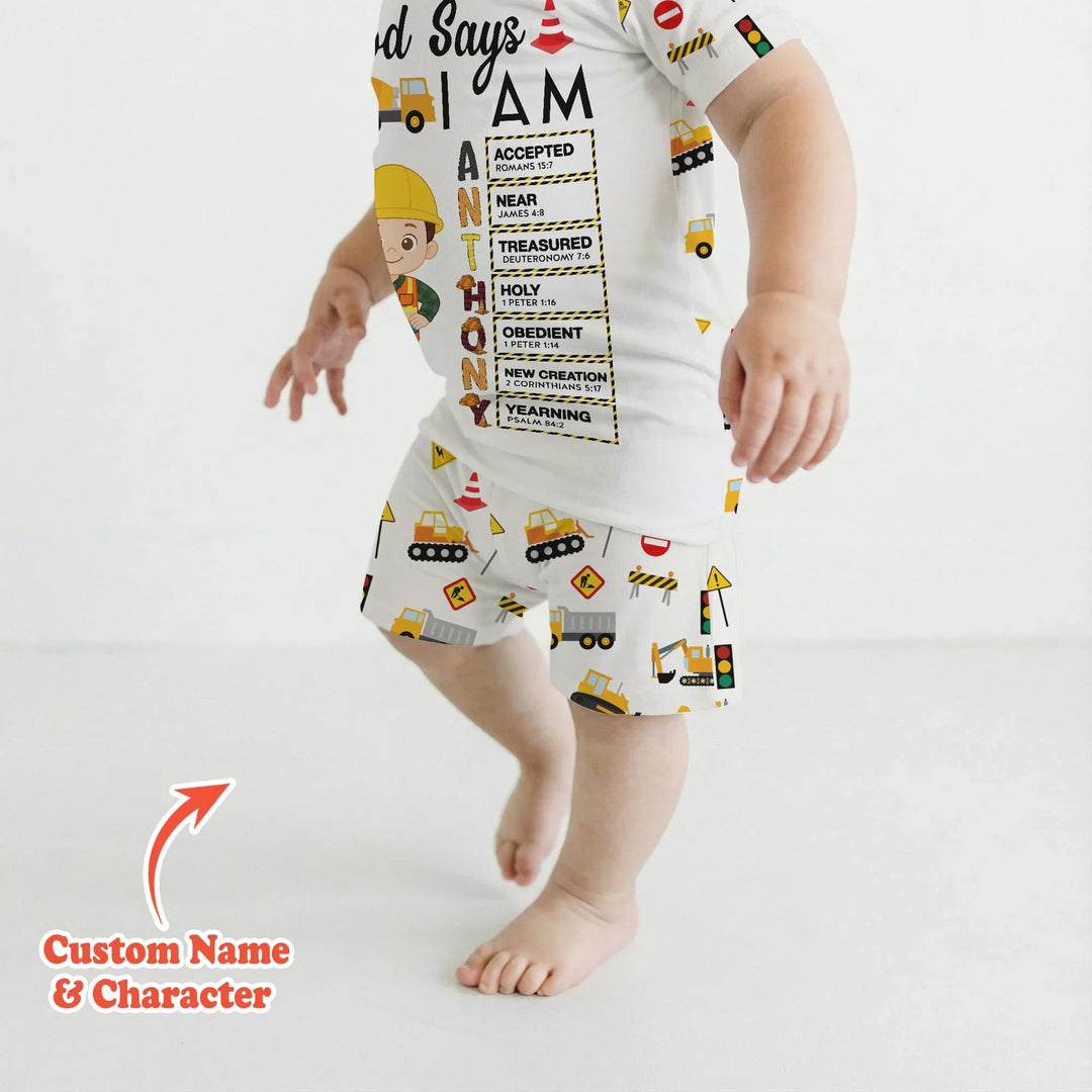 Custom Name God Says I Am Little Builder Letter in Bible Bamboo Two Piece Short Sleeve Shorts Pajama Set