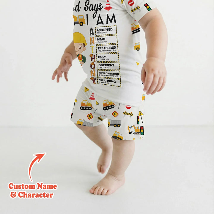 Custom Name God Says I Am Little Builder Letter in Bible Bamboo Two Piece Short Sleeve Shorts Pajama Set