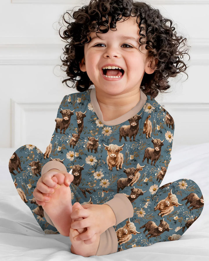 Majestic Highland Cows Family Matching Bamboo Two Piece Long Sleeve Pajama Set