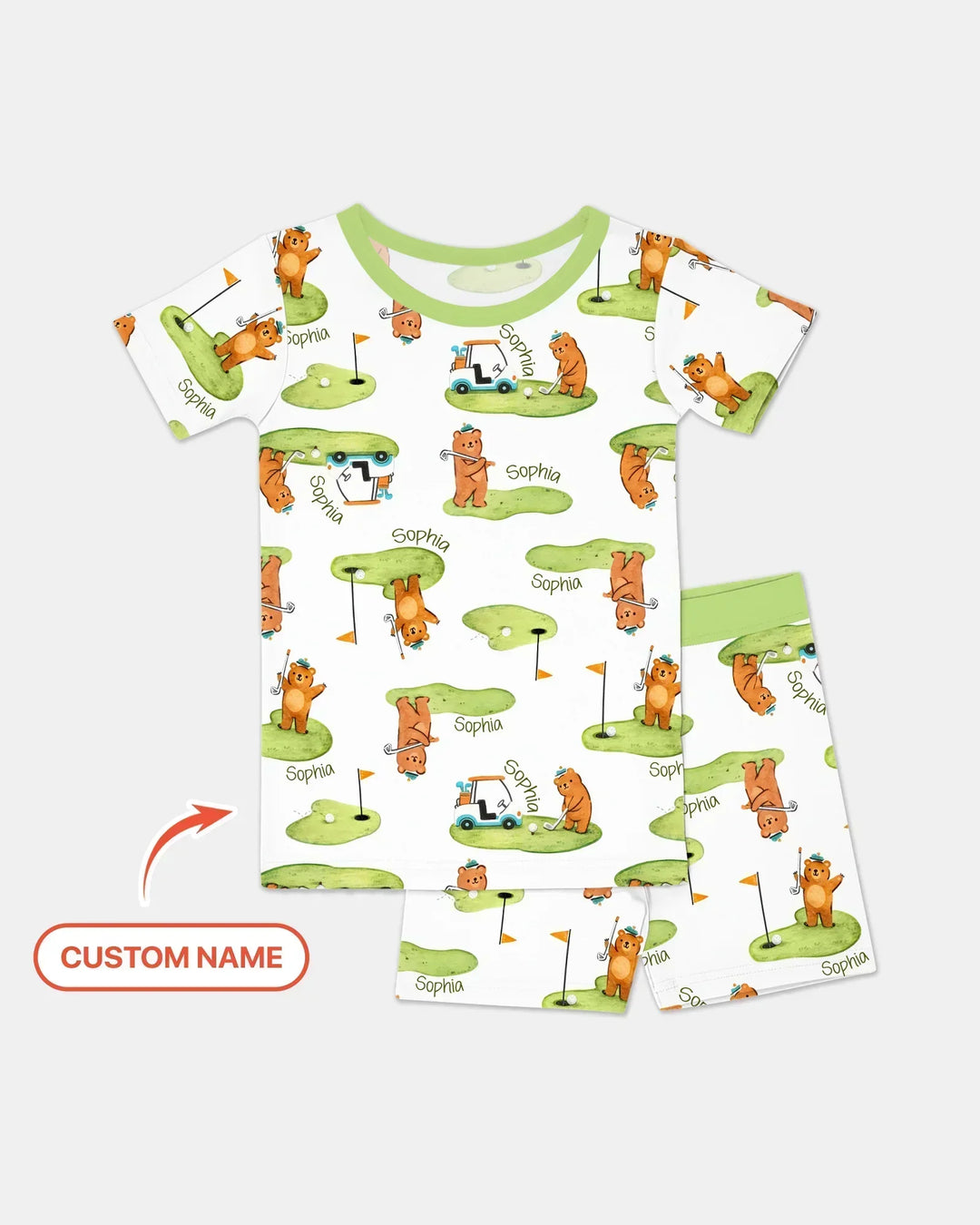 Custom Name Little Bear Golf Club Bamboo Two Piece Short Sleeve Shorts Pajama Set