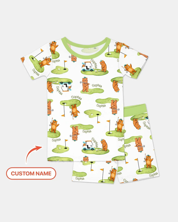 Custom Name Little Bear Golf Club Bamboo Two Piece Short Sleeve Shorts Pajama Set
