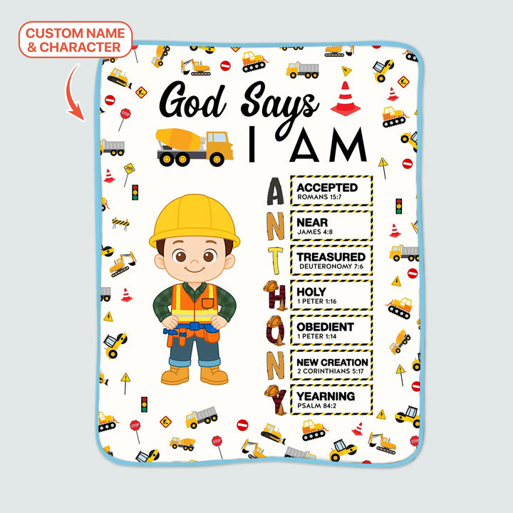 Custom Name God Says I Am Little Builder Letter in Bible Bamboo Blanket