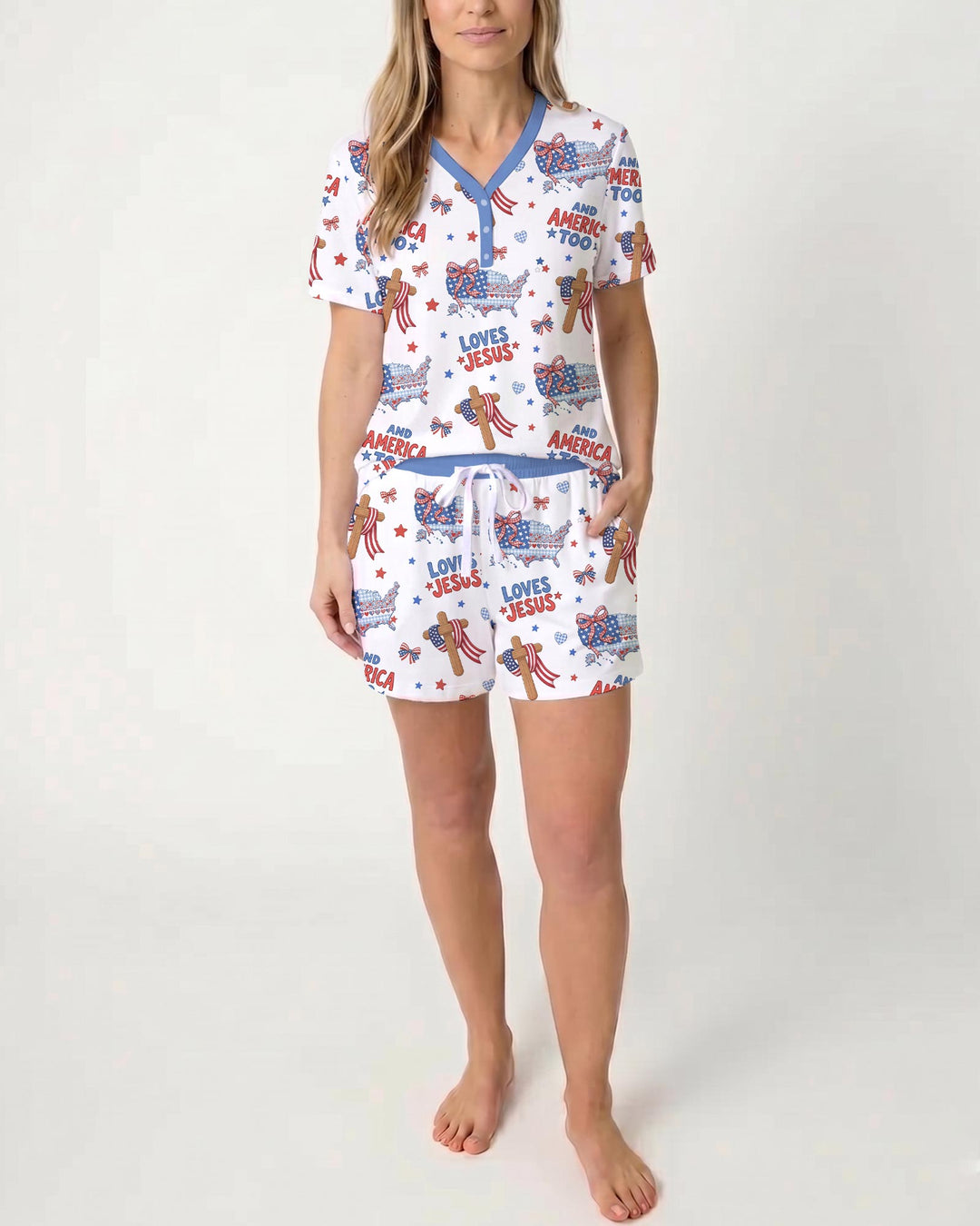 Loves Jesus And America Too Bamboo Women Short Sleeve Short Pajama Set