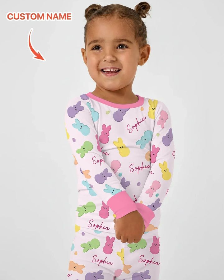 Personalized Easter Bunnies Family Matching Bamboo Two Piece Long Sleeve Pajama Set