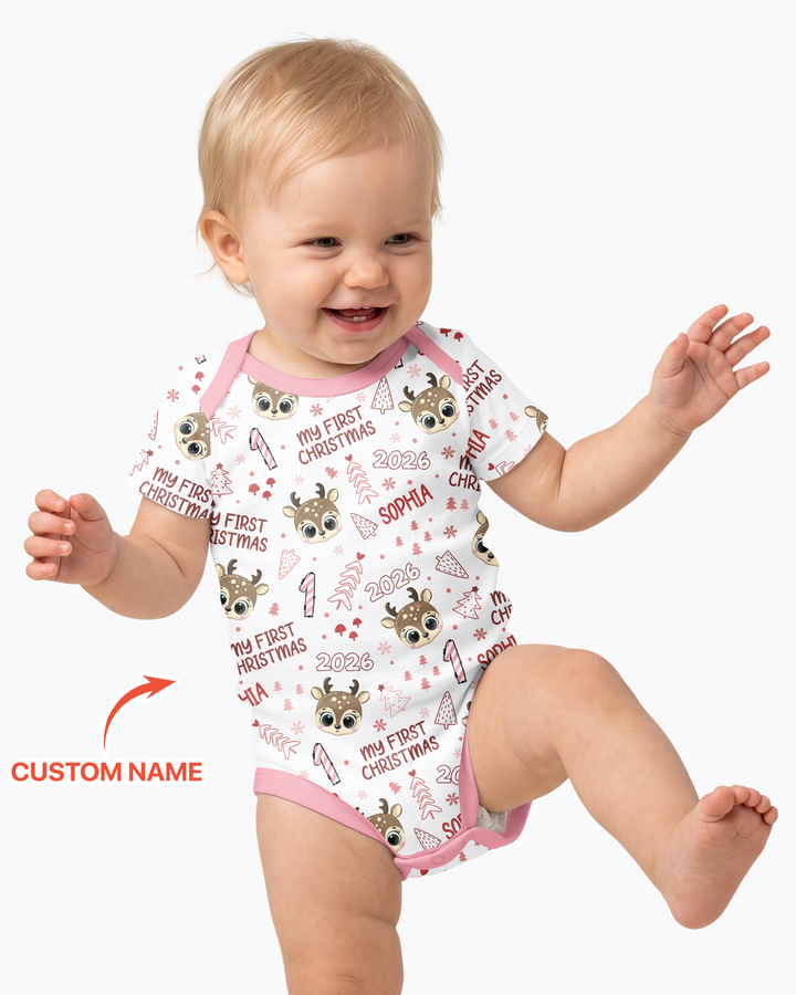 Custom Name Cute Reindeer My First Christmas Bamboo Bodysuit