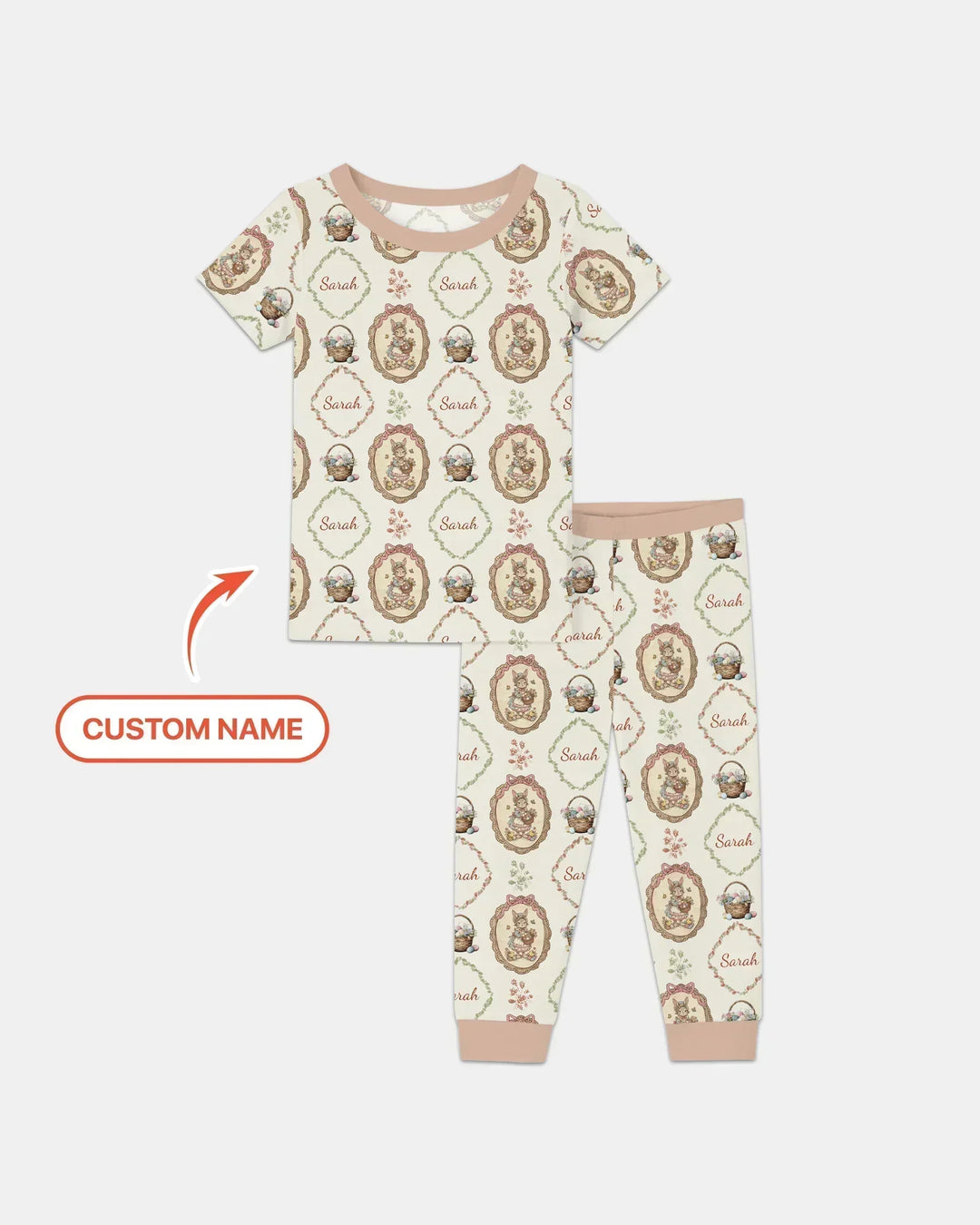 Vintage Bunny Easter Custom Name Mommy & Me Matching Bamboo Two Piece Short Sleeve Pajama Set