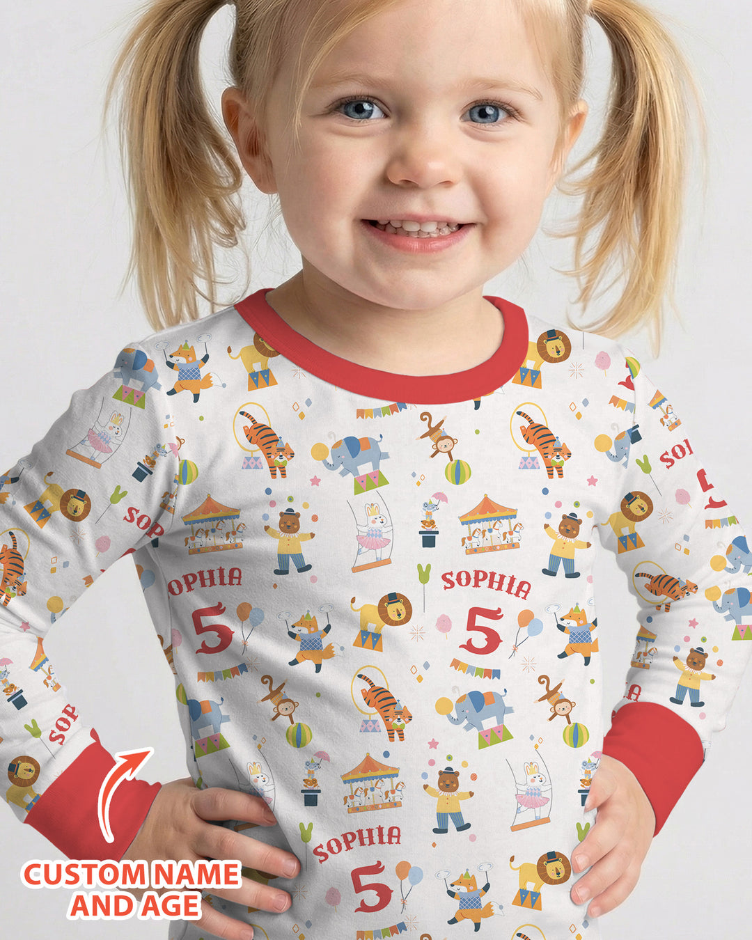 Custom Name Birthday Circus Bamboo Two Piece Long Sleeve Pajama Set
