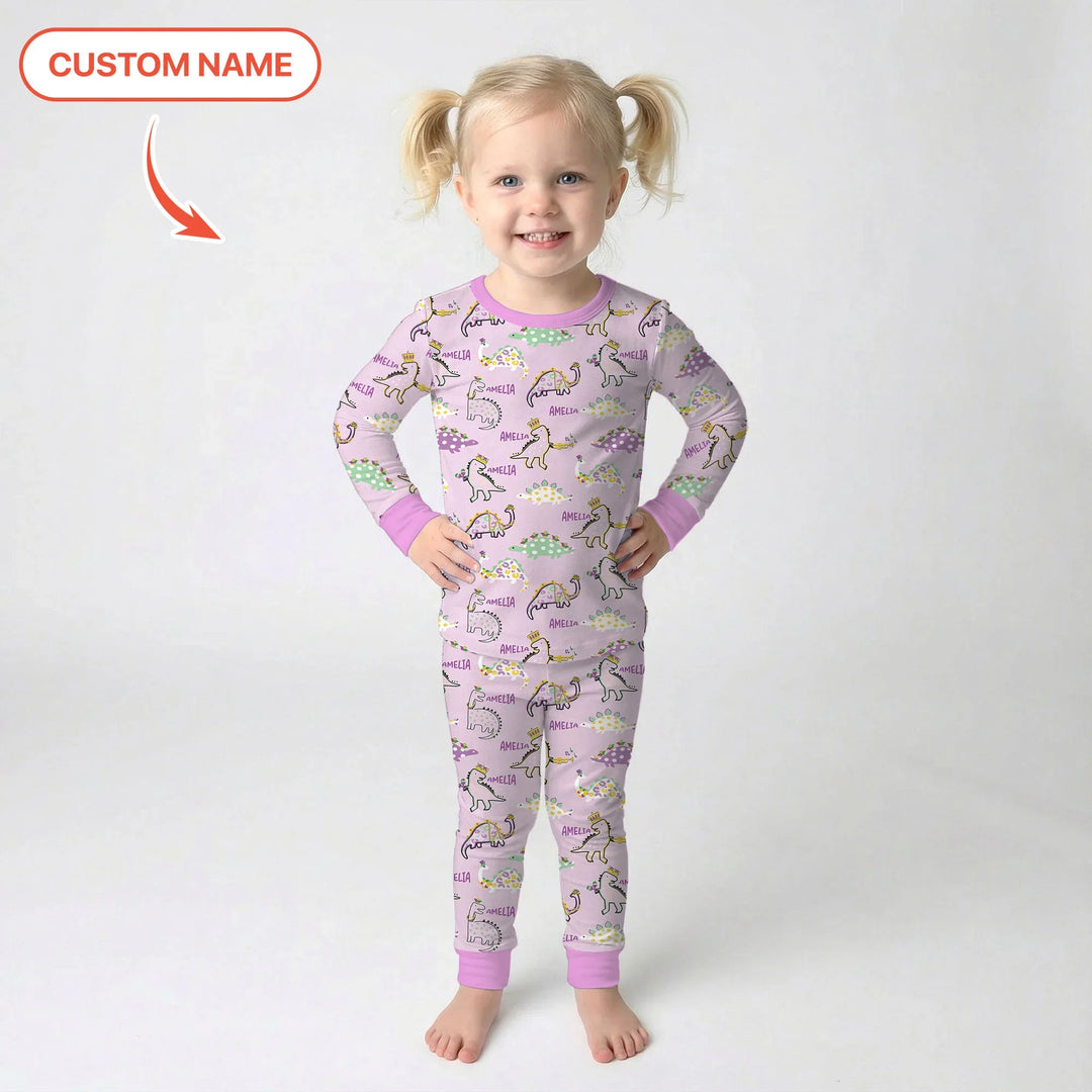 Custom Name Mardi Gras Saurus Bamboo Two Piece Long Sleeve Pajama Set