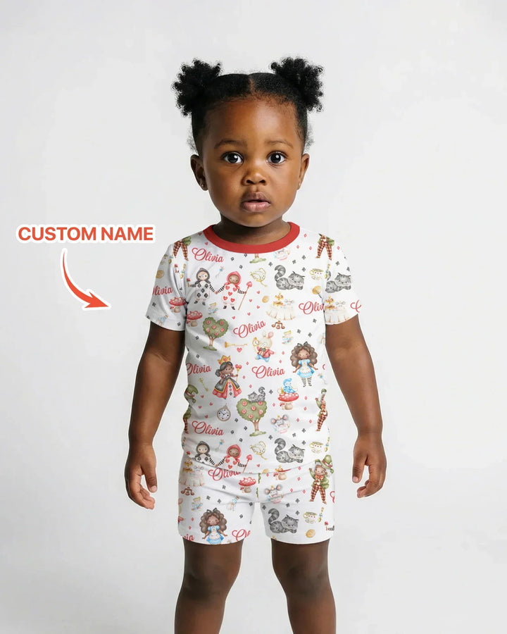 Whimsical Wonderland Tea Party Custom Name Bamboo Two Piece Short Sleeve Shorts Pajama Set