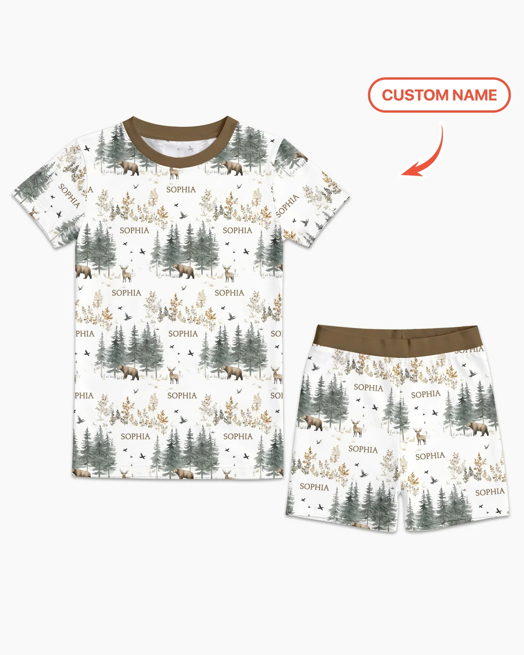 Custom Name Forest Bear Deer Bamboo Two Piece Short Sleeve Shorts Pajama Set