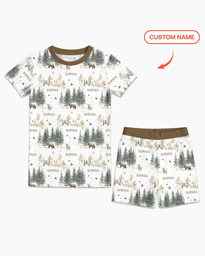 Custom Name Forest Bear Deer Bamboo Two Piece Short Sleeve Shorts Pajama Set