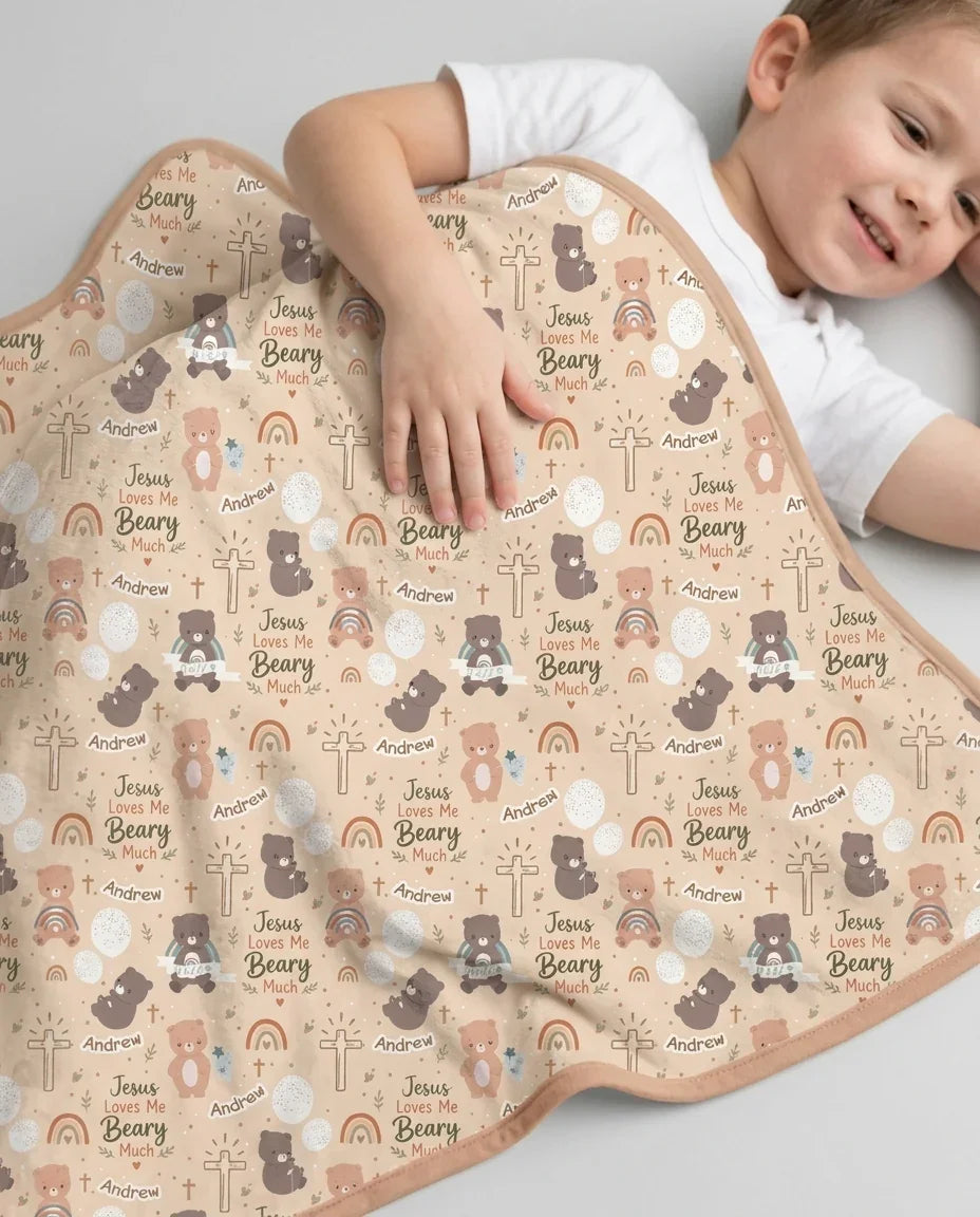 Custom Name Jesus Loves Me Beary Much Bamboo Blanket