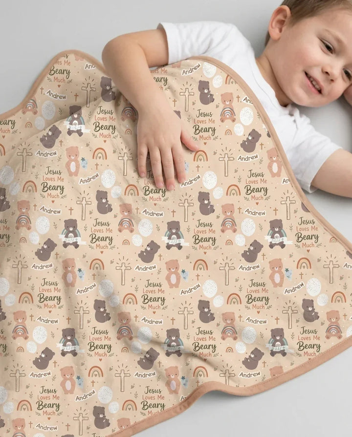 Custom Name Jesus Loves Me Beary Much Bamboo Blanket