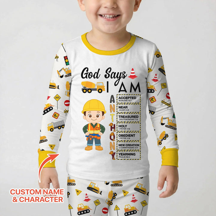 Custom Name God Says I Am Little Builder Letter in Bible Bamboo Two Piece Long Sleeve Pajama Set