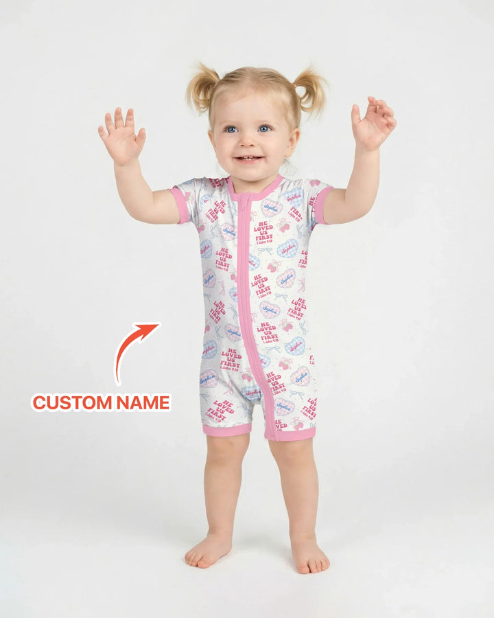 He Loved Us First Custom Name Bamboo Shorty Zippy