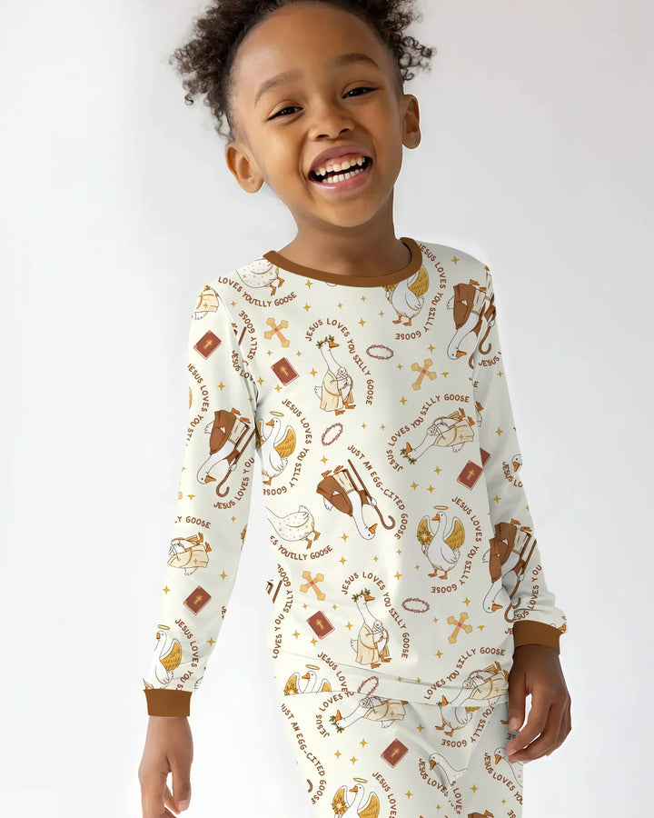 Jesus Loves You Silly Goose Bamboo Two Piece Long Sleeve Pajama Set