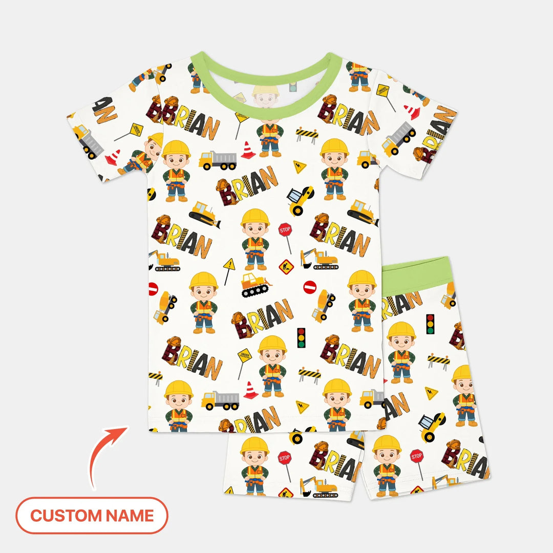 Custom Name Doodle Little Builder Bamboo Two Piece Short Sleeve Shorts Pajama Set