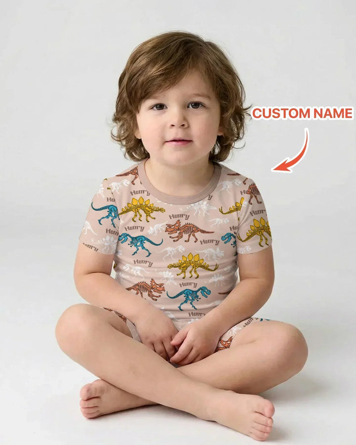 Dino Bones Parade Custom Name Bamboo Two Piece Short Sleeve Shorts Pajama Set