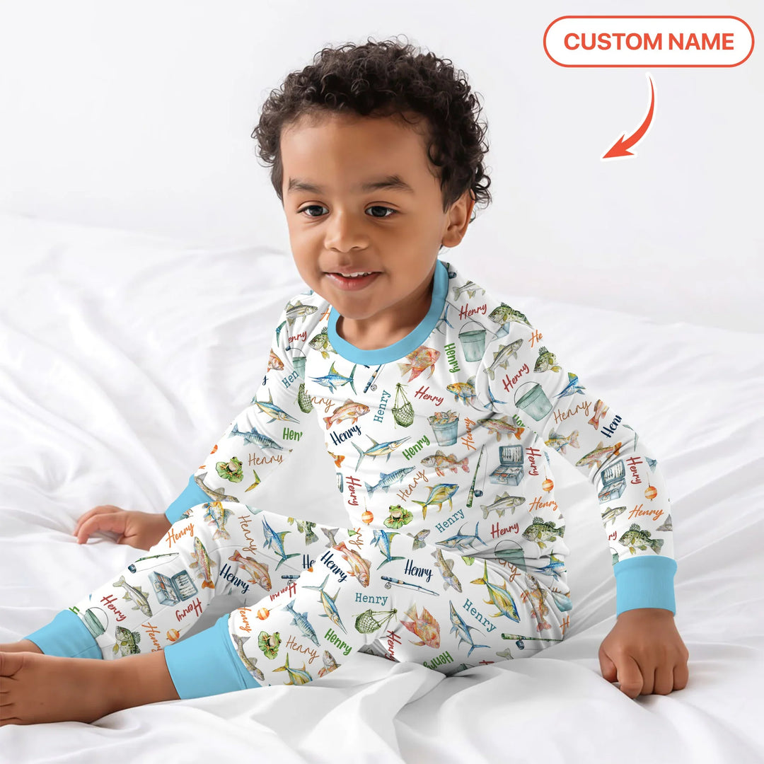Happy Fishing Adventure Custom Name Bamboo Two Piece Long Sleeve Pajama Set
