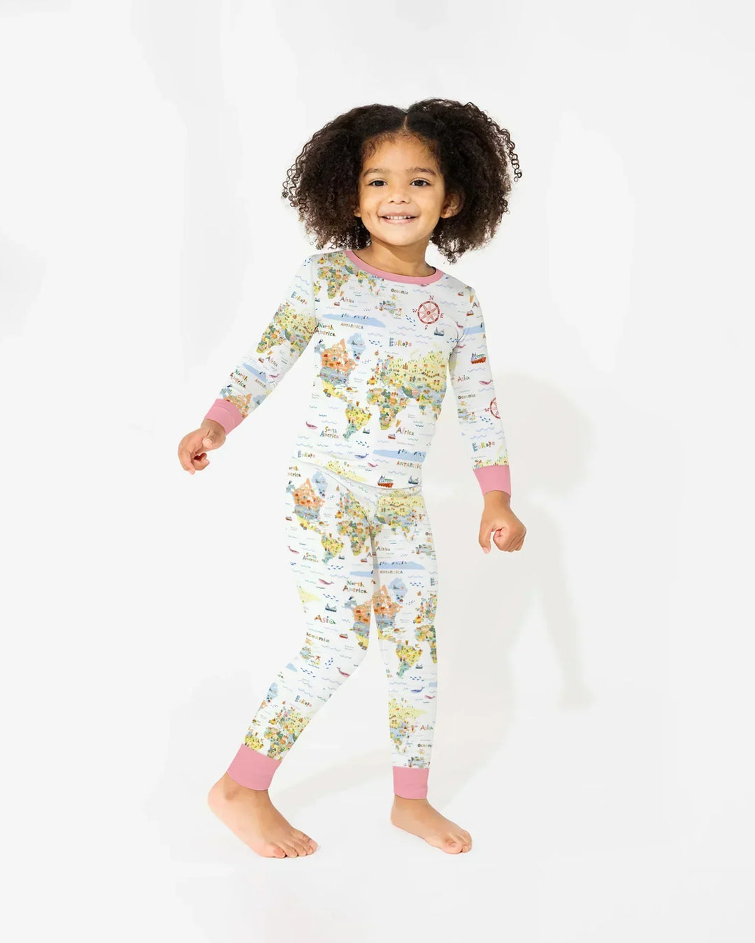 Whimsical World Map Family Matching Bamboo Two Piece Long Sleeve Pajama Set