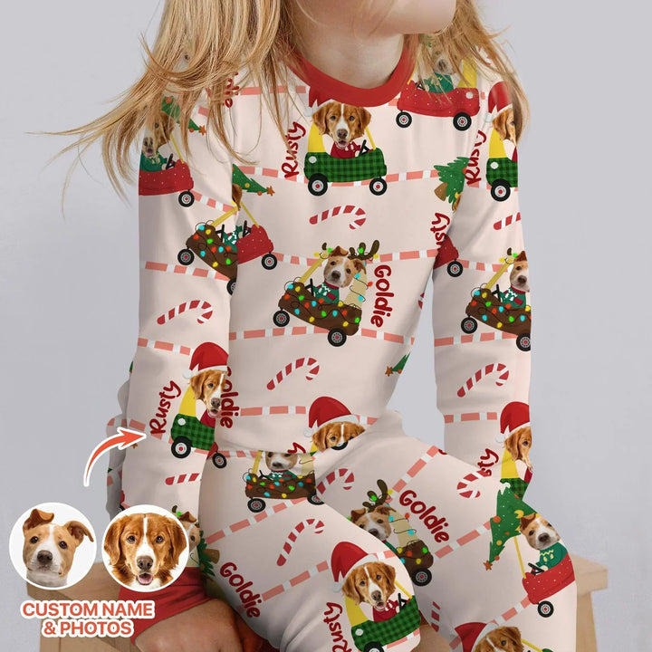 Custom Pet Photo Christmas Tikes Car Bamboo Two Piece Long Sleeve Pajama Set