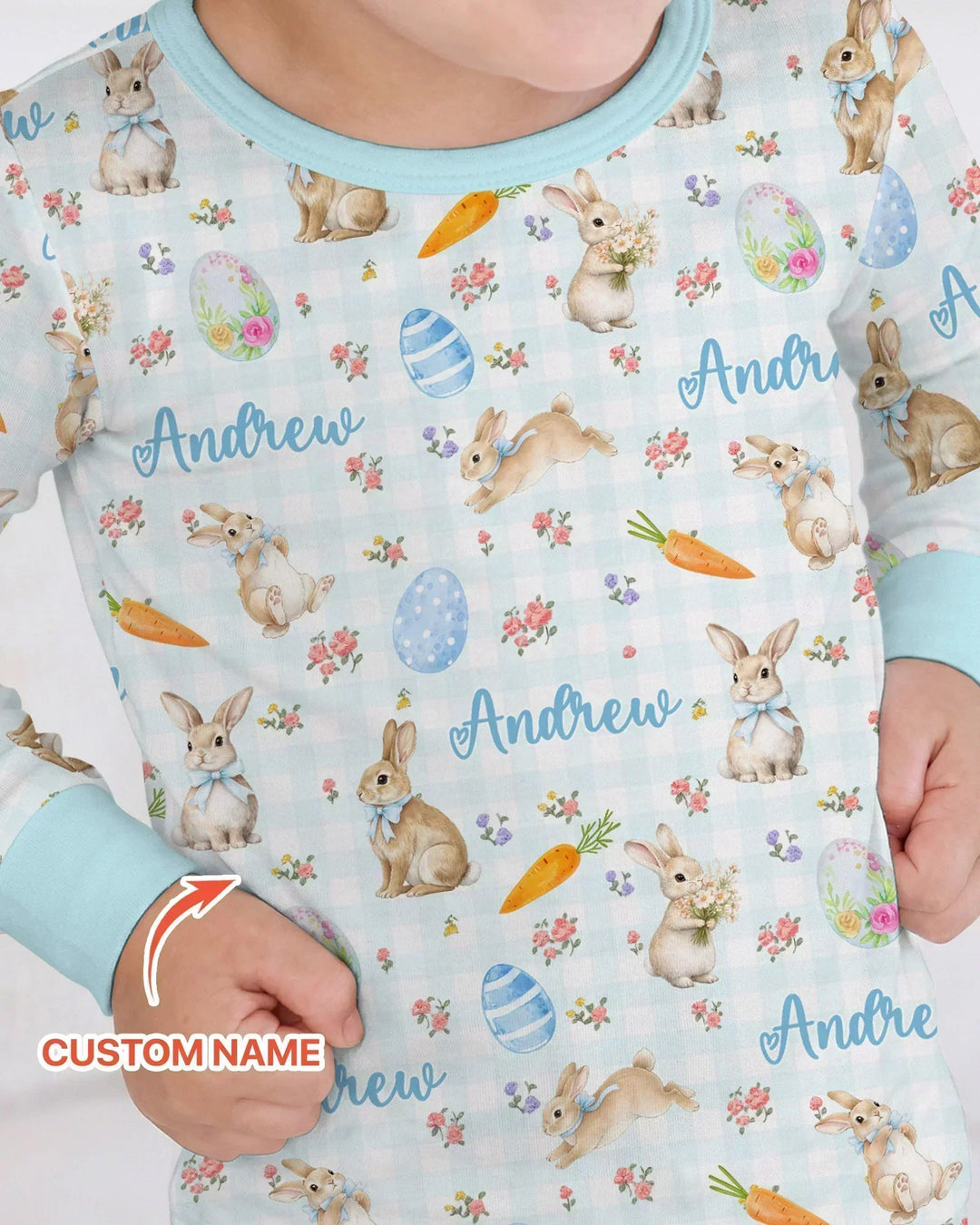 Custom Name Bunny Garden Bamboo Two Piece Long Sleeve Pajama Set