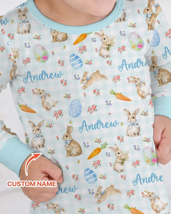 Custom Name Bunny Garden Bamboo Two Piece Long Sleeve Pajama Set