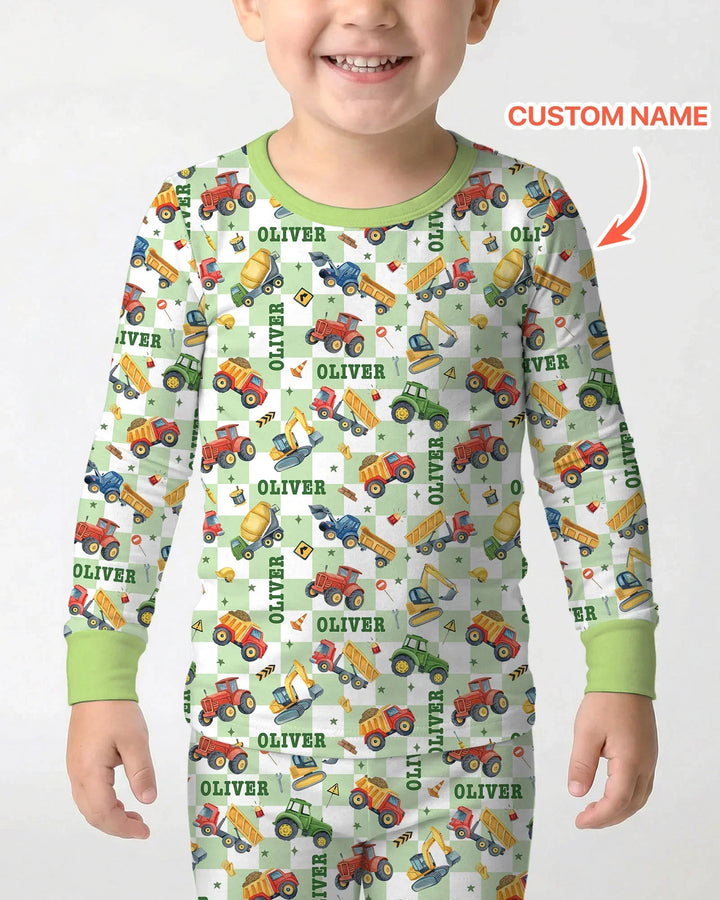 Under Construction Custom Name Bamboo Two Piece Long Sleeve Pajama Set