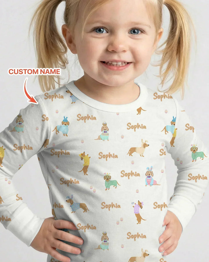 Custom Name Easter Dachshund Bamboo Two Piece Long Sleeve Pajama Set