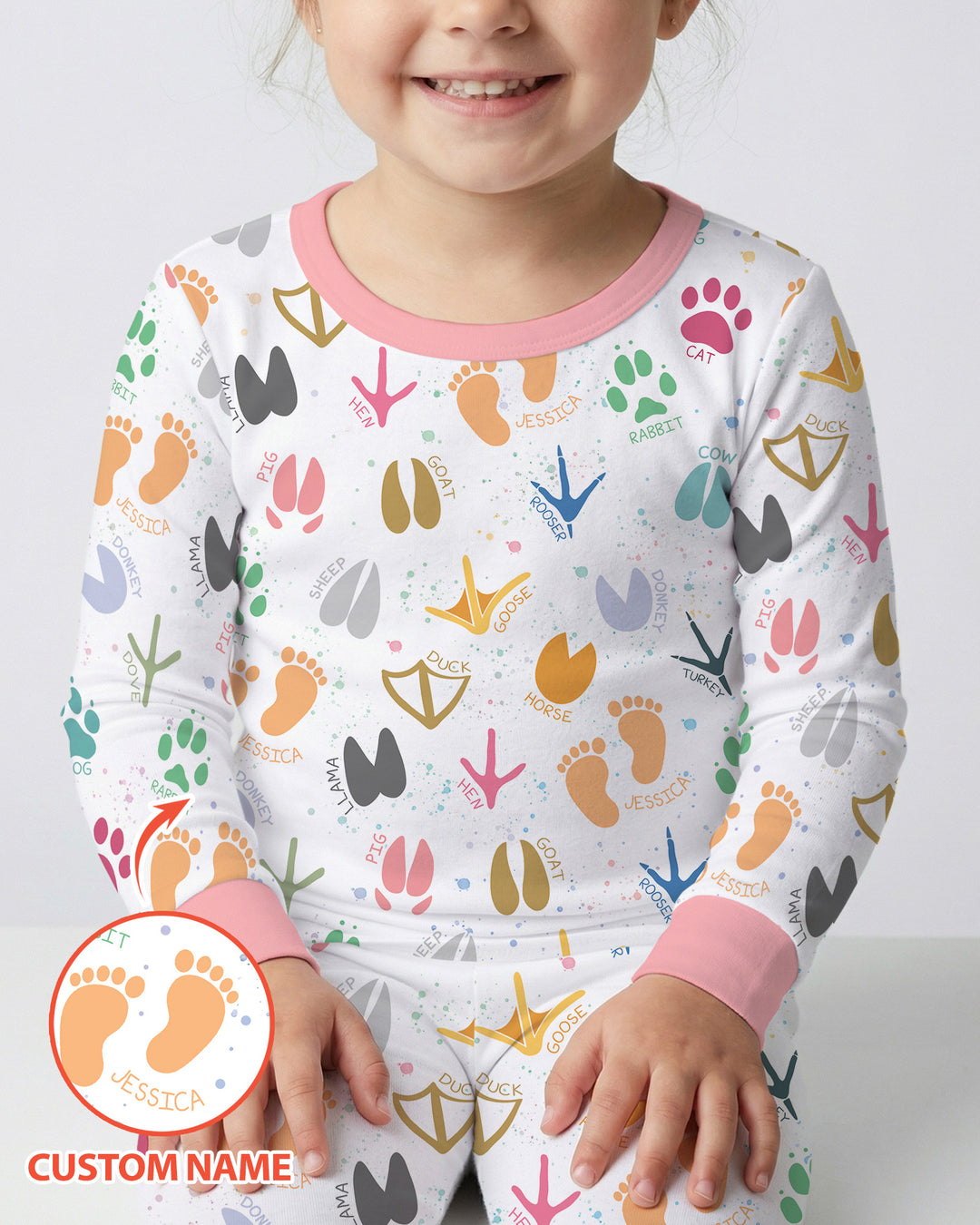 Cute Farm Animal Tracks Custom Name Bamboo Two Piece Long Sleeve Pajama Set