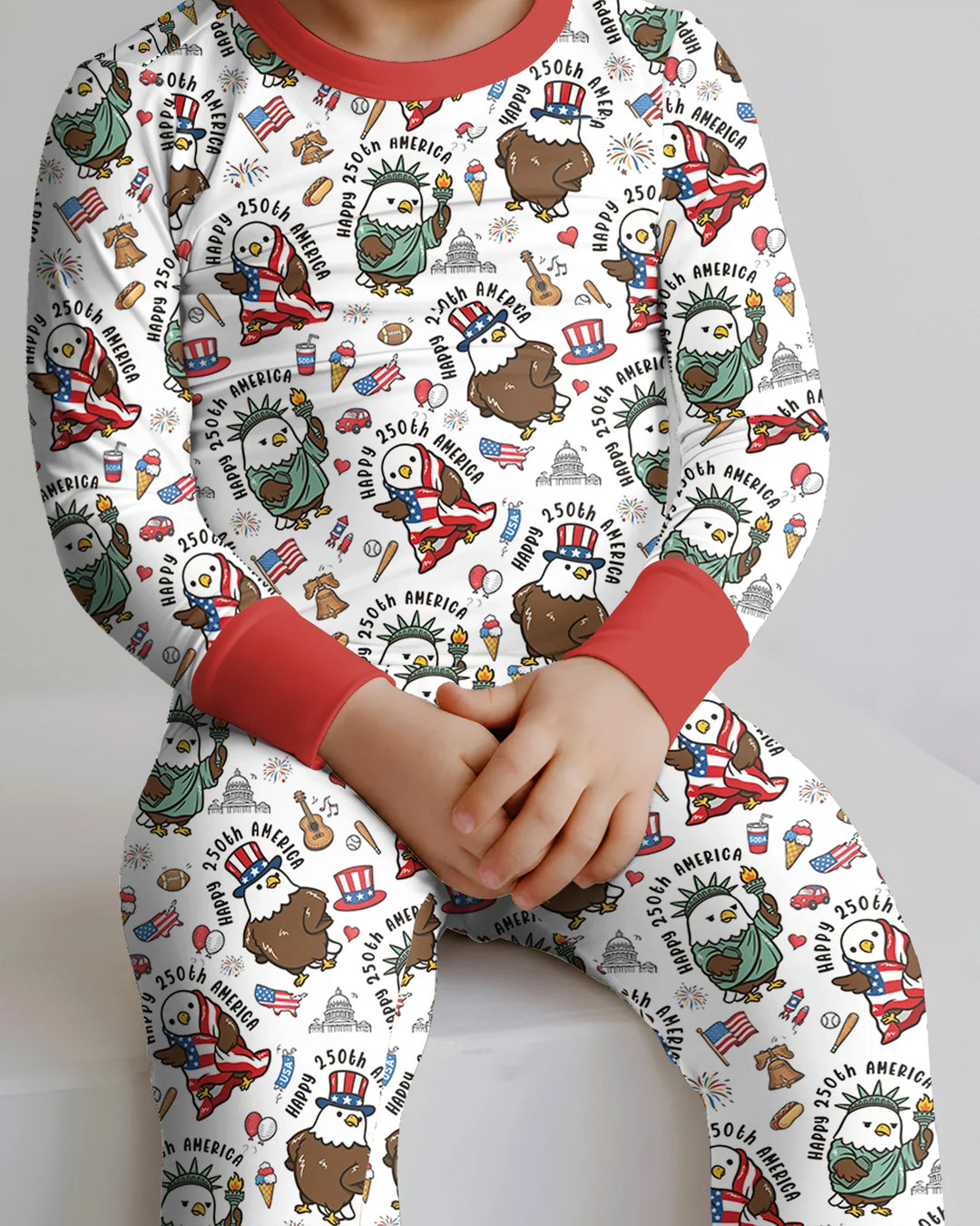 Happy 250th America Cute Patriotic Eagles Family Matching Bamboo Two Piece Long Sleeve Pajama Set