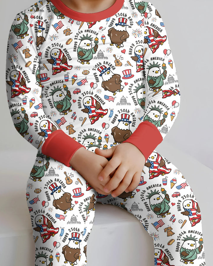 Happy 250th America Cute Patriotic Eagles Family Matching Bamboo Two Piece Long Sleeve Pajama Set