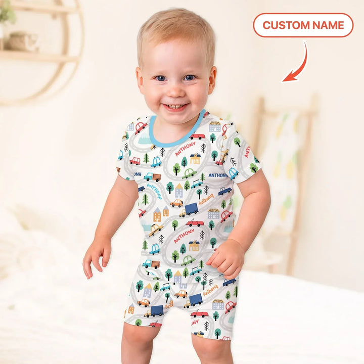 Custom Name Road Map Bamboo Two Piece Short Sleeve Shorts Pajama Set