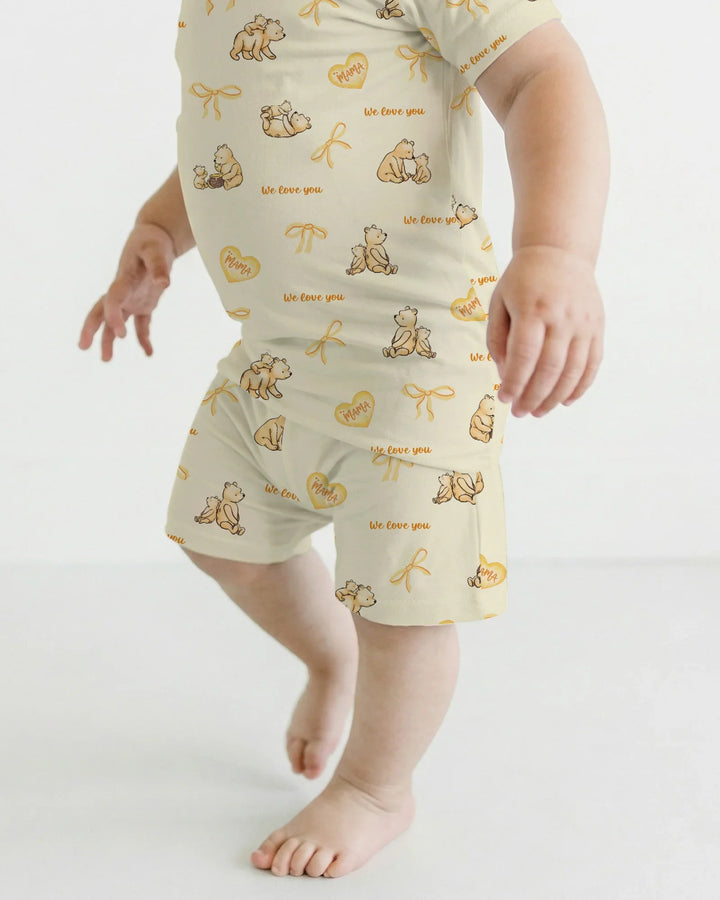 Sweat Yellow Mama Bear Two Piece Short Sleeve Shorts Pajama Set