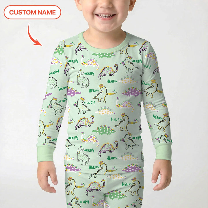 Custom Name Mardi Gras Saurus Bamboo Two Piece Long Sleeve Pajama Set