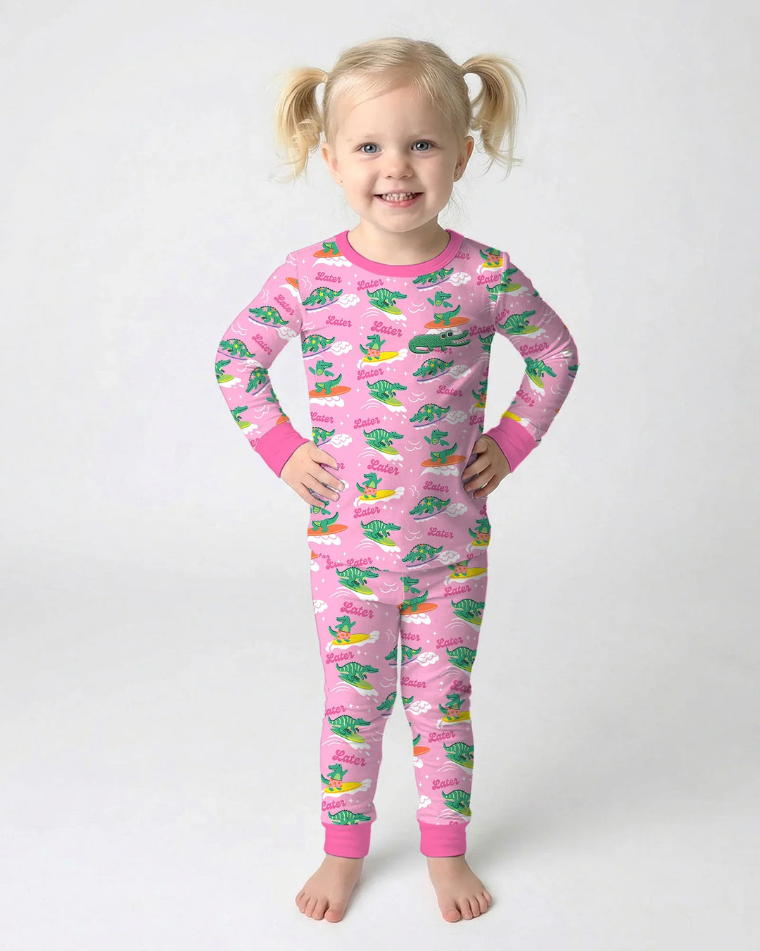Embroidered Summer Alligator Bamboo Two Piece Long Sleeve Pajama Set