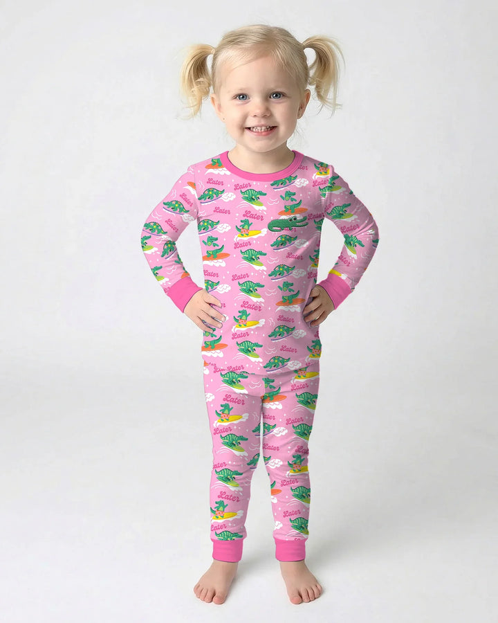 Embroidered Summer Alligator Bamboo Two Piece Long Sleeve Pajama Set