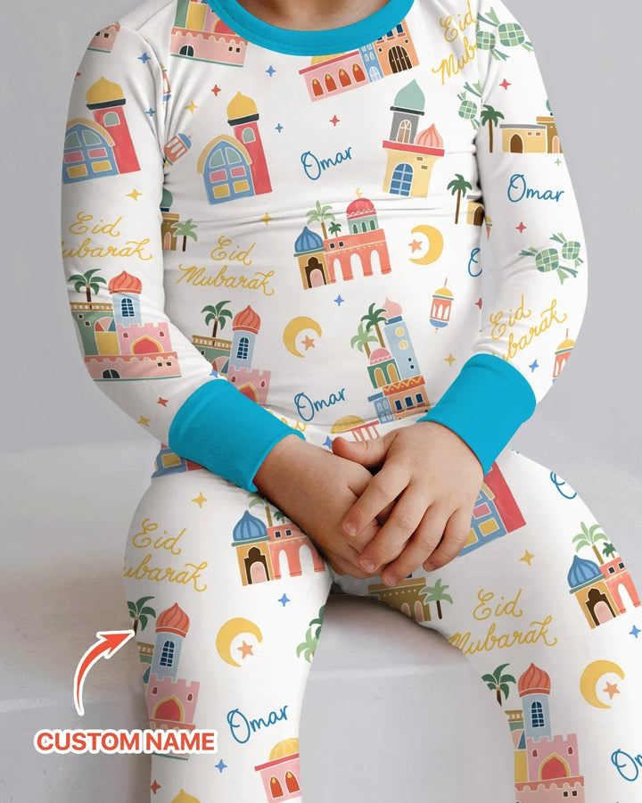 Eid Mubarak Custom Name Bamboo Two Piece Long Sleeve Pajama Set