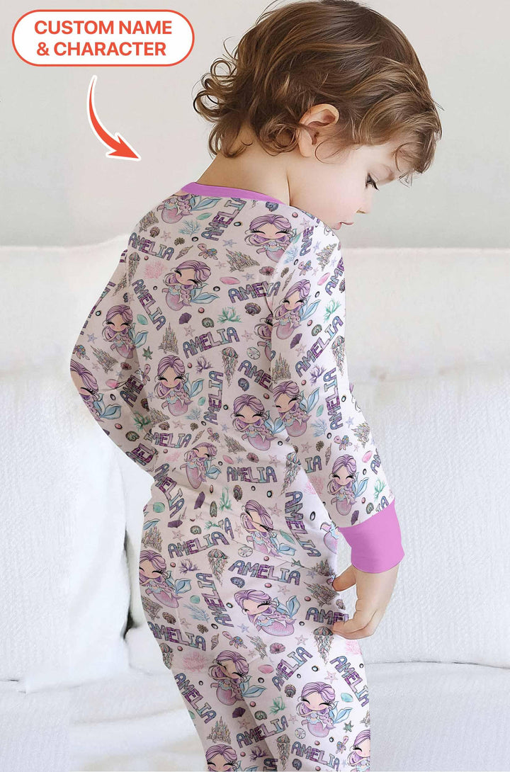 Custom Name Doodle Little Mermaid Bamboo Two Piece Long Sleeve Pajama Set