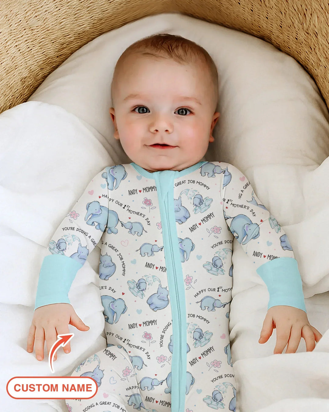 Custom Name Mother & Baby Elephant Bamboo Convertible Zippy
