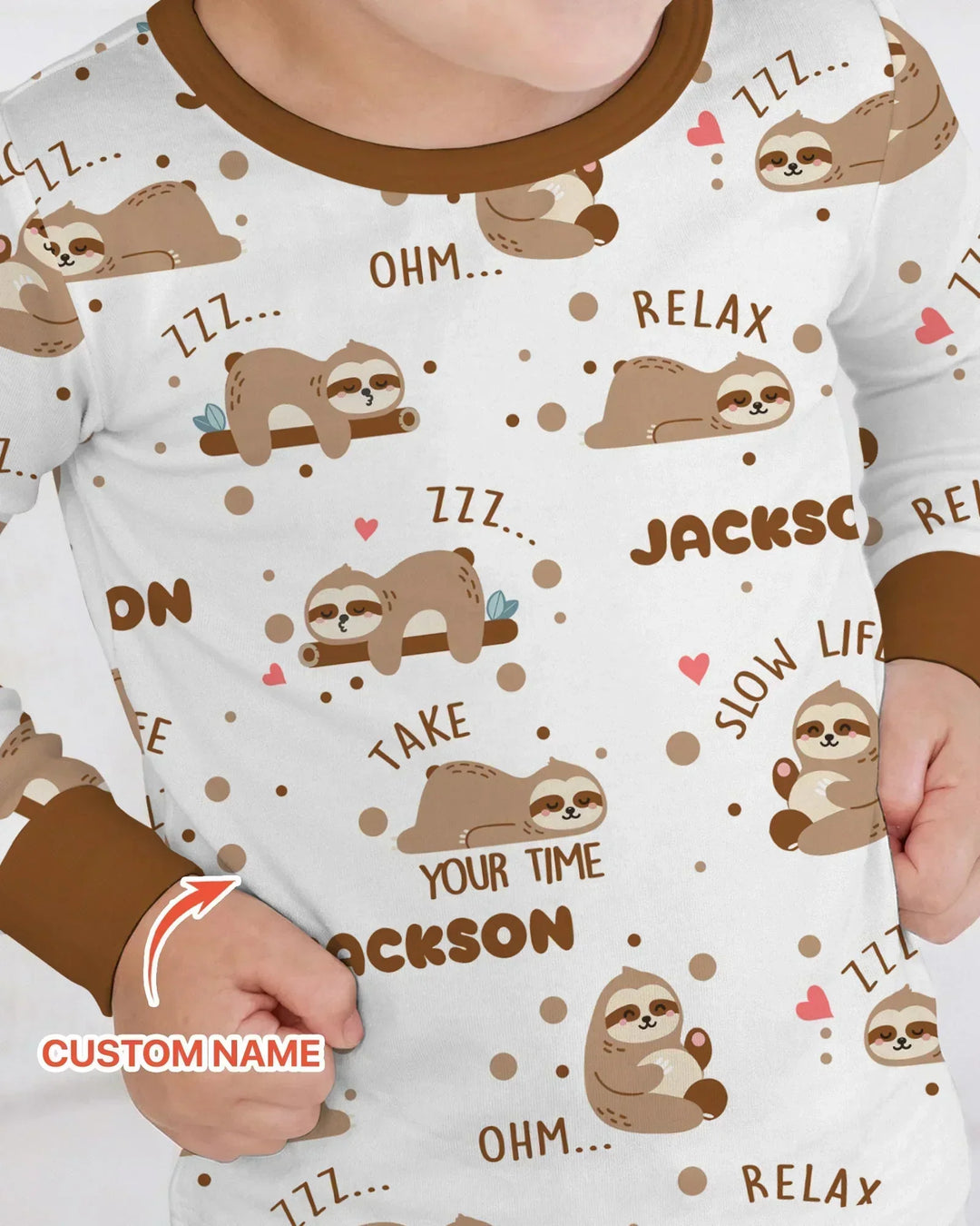 Custom Name Cute Sloth Bamboo Two Piece Long Sleeve Pajama Set