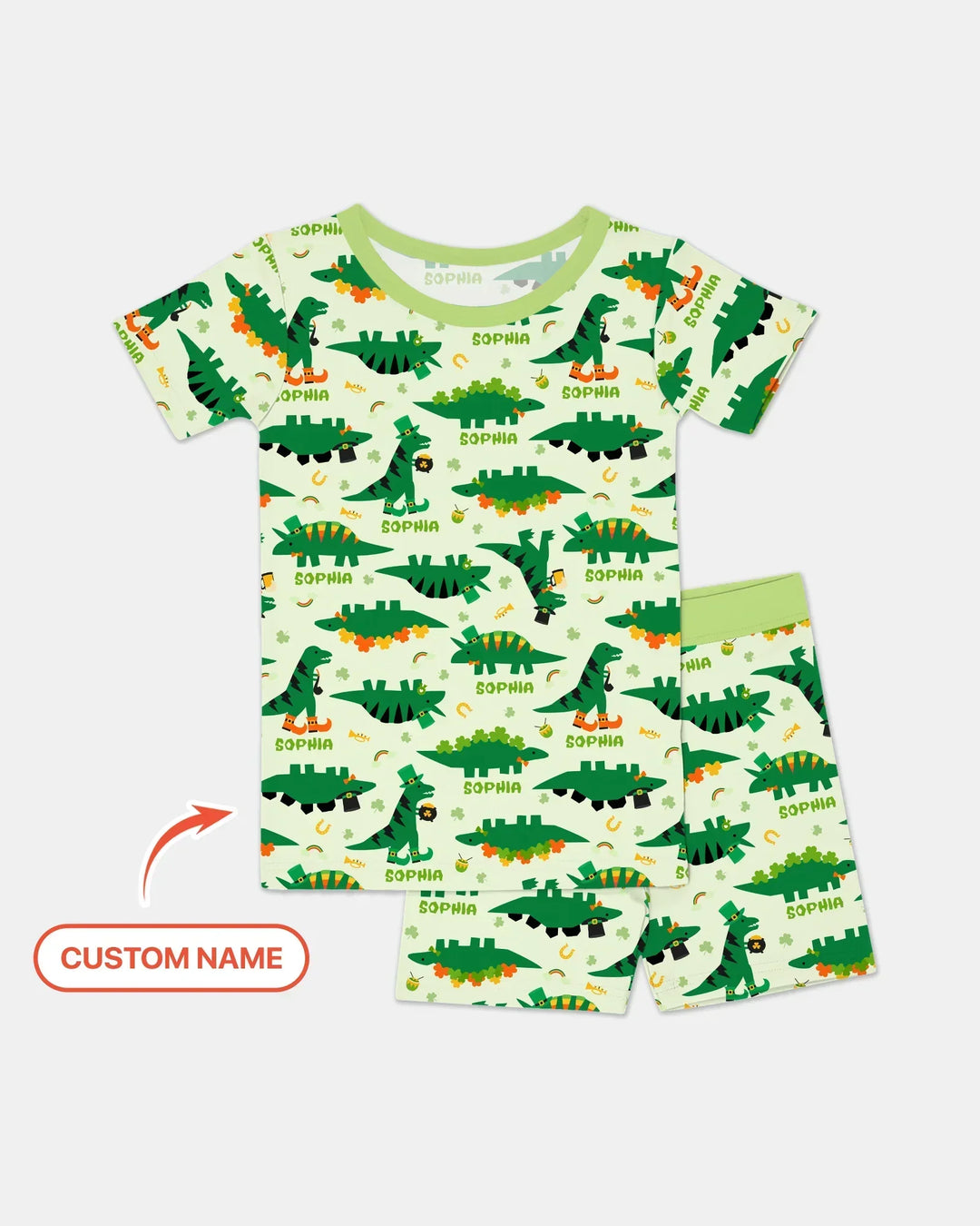 St. Patrick's Day Dinosaurs Custom Bamboo Two Piece Short Sleeve Shorts Pajama Set