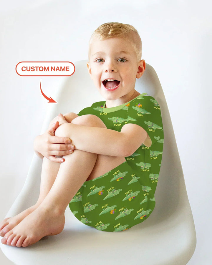 Custom Name Mardi Gras Gator Bamboo Two Piece Short Sleeve Shorts Pajama Set