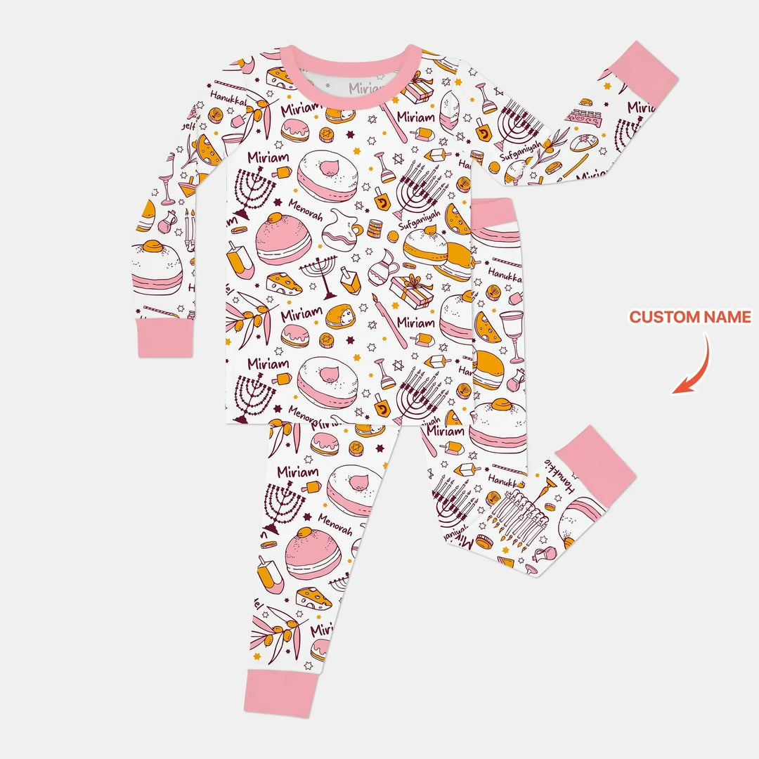 Happy Hanukkah Doodles Custom Name Family Matching Bamboo Two Piece Long Sleeve Pajama Set