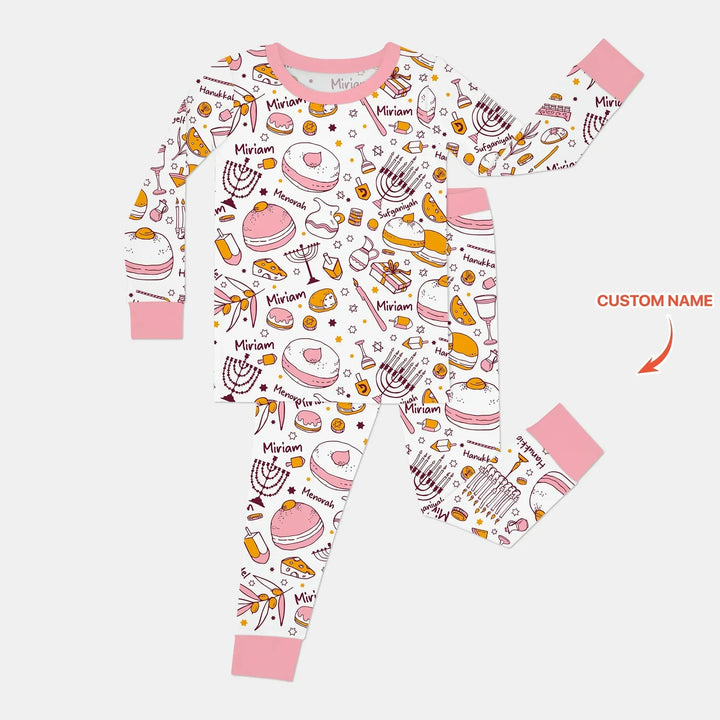 Happy Hanukkah Doodles Custom Name Family Matching Bamboo Two Piece Long Sleeve Pajama Set