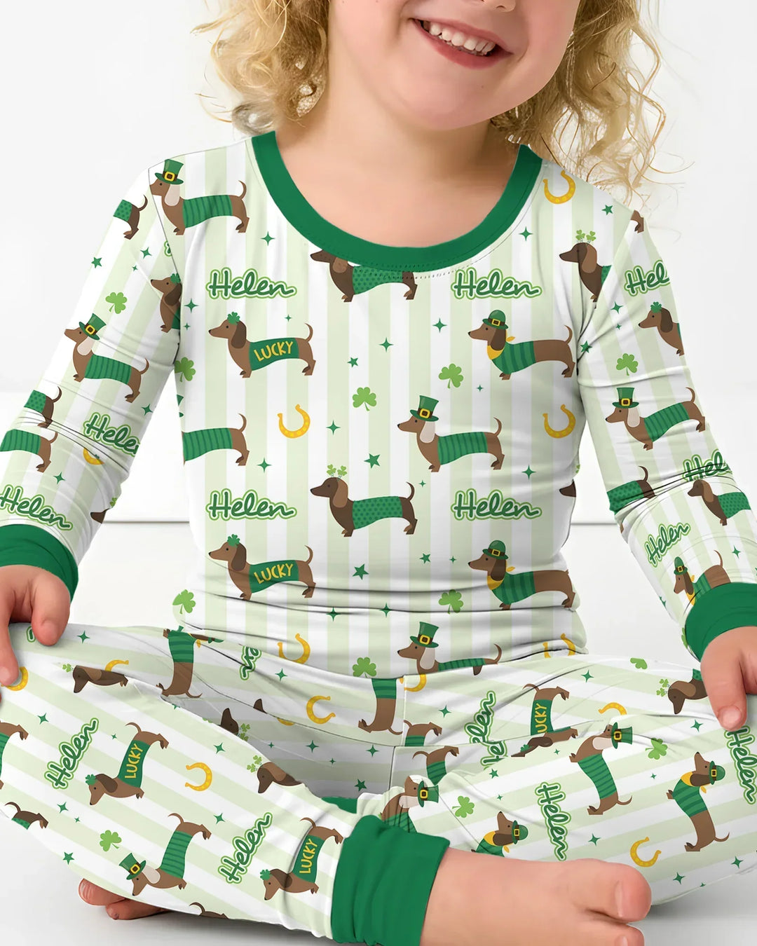 Lucky Dachshunds St. Patrick's Day Family Matching Bamboo Two Piece Long Sleeve Pajama Set