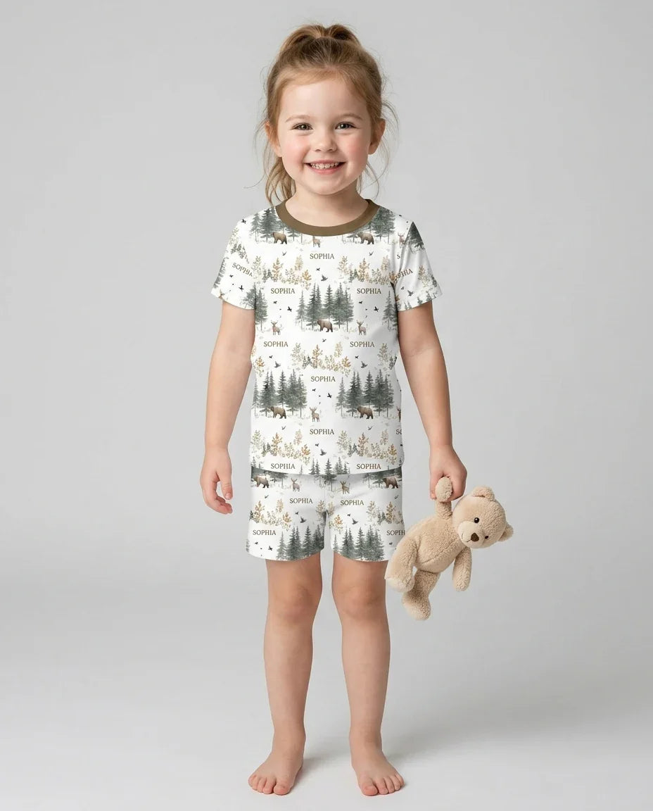 Custom Name Forest Bear Deer Bamboo Two Piece Short Sleeve Shorts Pajama Set