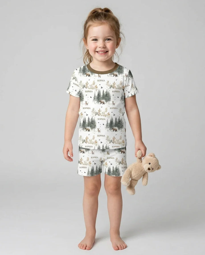 Custom Name Forest Bear Deer Bamboo Two Piece Short Sleeve Shorts Pajama Set