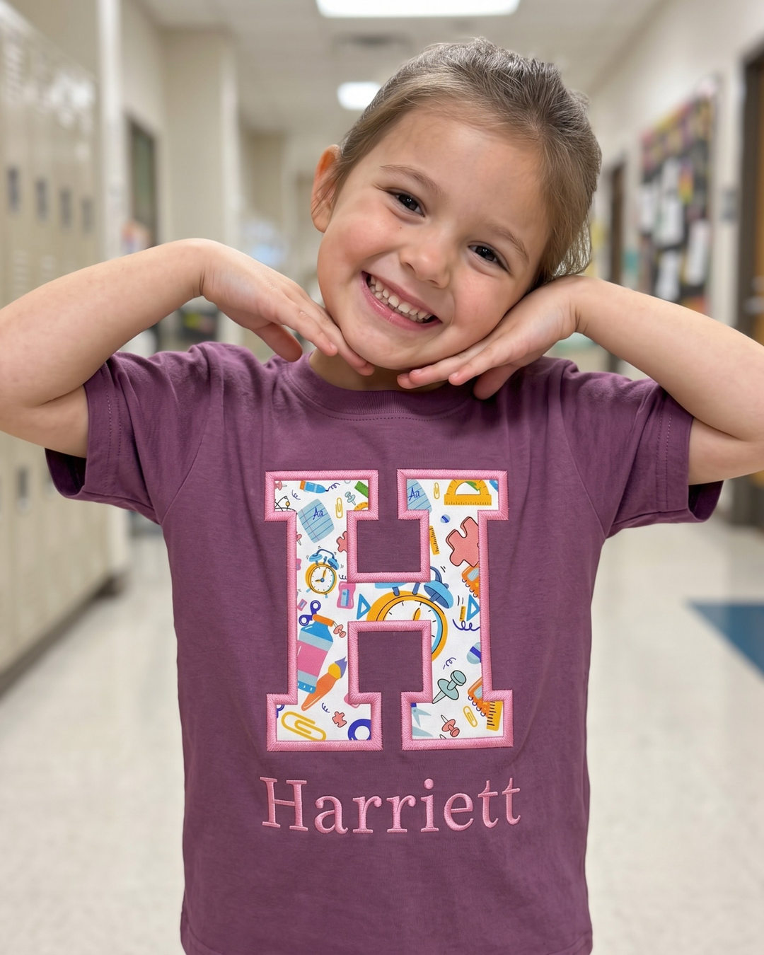 Custom Name First Day Of School Applique Embroidered Bamboo Crewneck T-Shirt